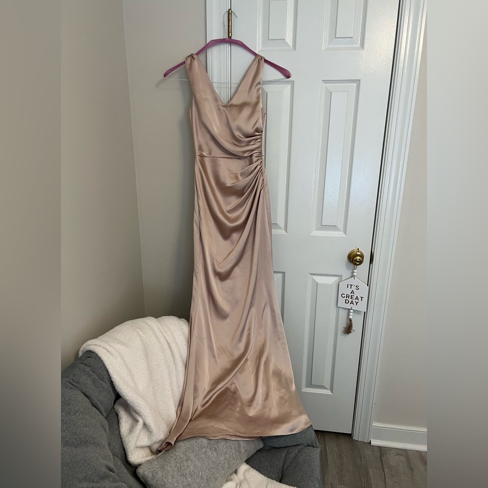 Revelry Champagne Gold Satin Bridesmaids Dress